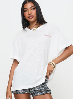 front view of model wearing Princess Polly Bakery Caked Oversized Tee Cream Half Sleeves Crew Neck 