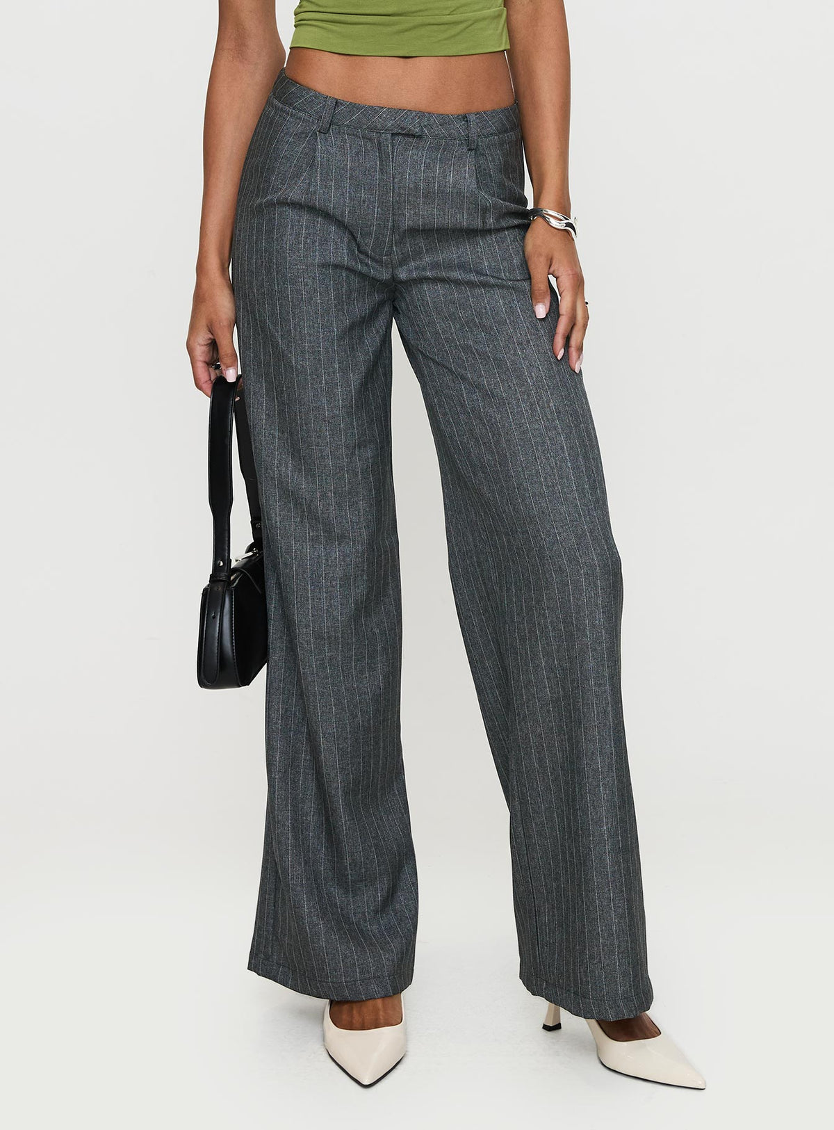 back view of model wearing Princess Polly Broadcast Pants Grey Pinstripe Low Rise Pants Pants 