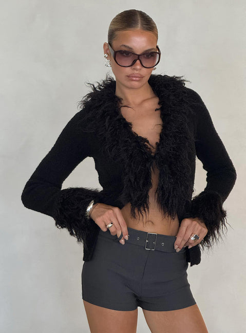 front view of model wearing Princess Polly Sistine Cardigan Black Longline Jumpers Jumpers 
