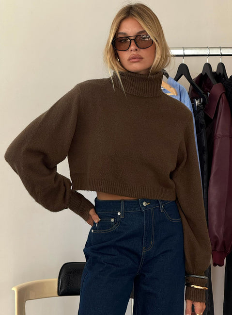 front view of model wearing Princess Polly Zahara Cropped Turtleneck Sweater Brown Cropped Jumpers Jumpers 