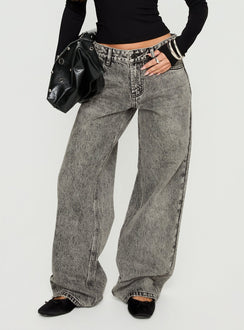 front view of model wearing Princess Polly Serenitia Mid Rise Relaxed Jeans Washed Grey Mid Rise Jeans Jeans 