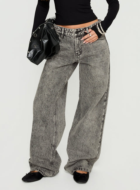 front view of model wearing Princess Polly Serenitia Mid Rise Relaxed Jeans Washed Grey Mid Rise Jeans Jeans 