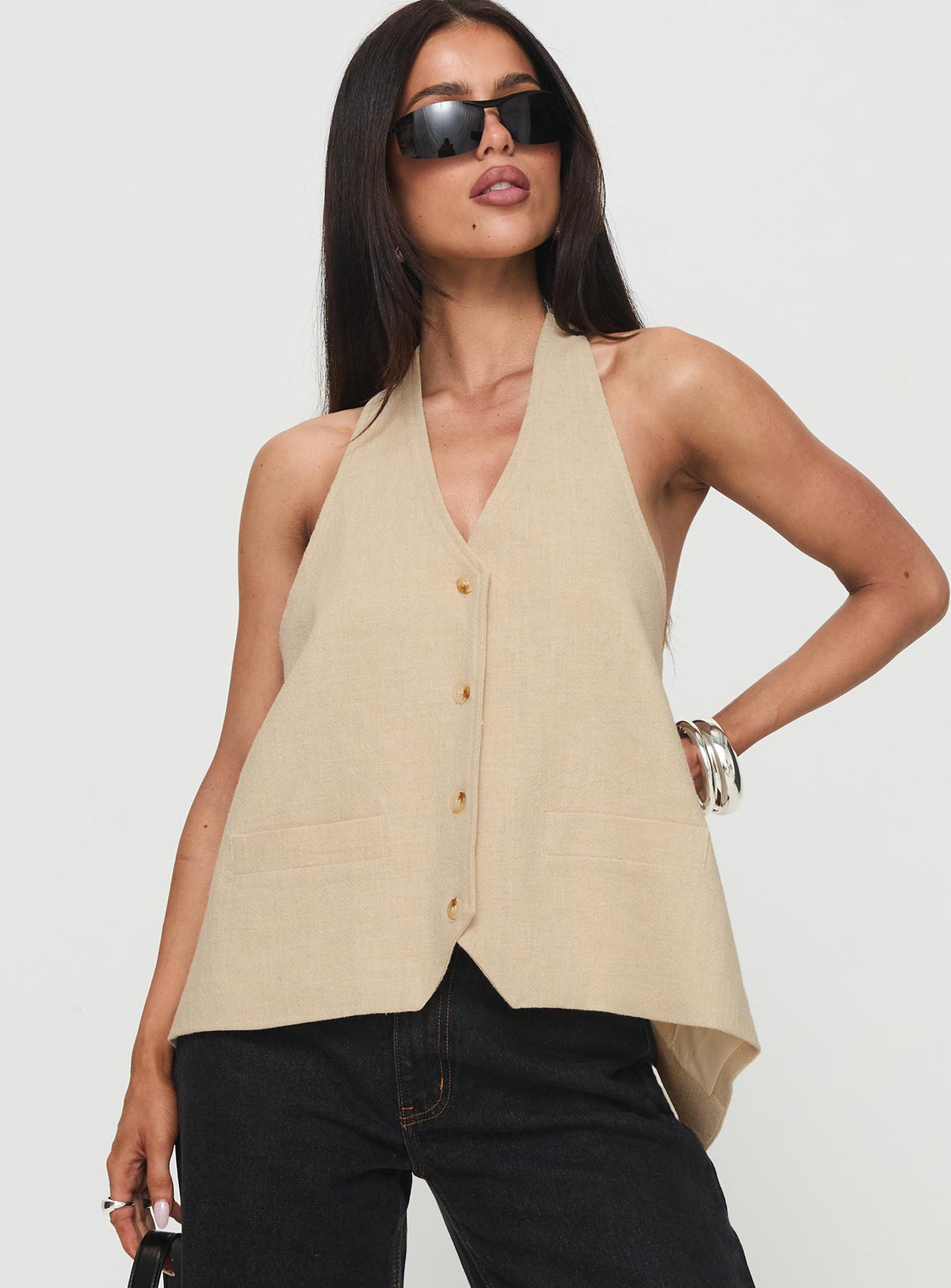 front view of model wearing Princess Polly Hills Halter Oatmeal Sleeveless V-Neck 