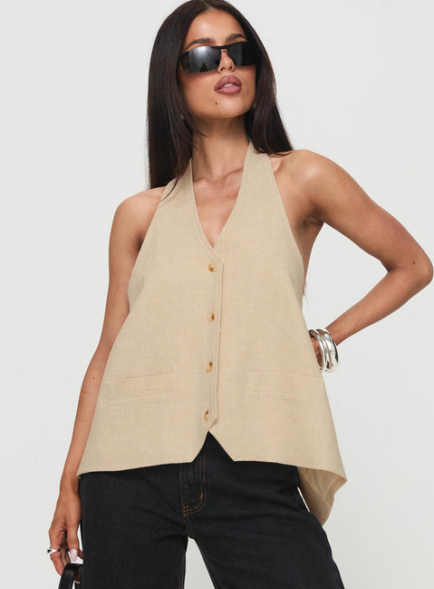 front view of model wearing Princess Polly Hills Halter Oatmeal Sleeveless V-Neck 