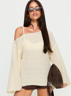 front view of model wearing Princess Polly Delyn Off Shoulder Slouchy Knit Sweater Cream Longline Jumpers Jumpers 