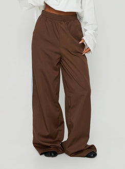 Introducing the Fielder Track Pants Brown / Blue womens-regular-pants featuring high-rise detail Princess Polly