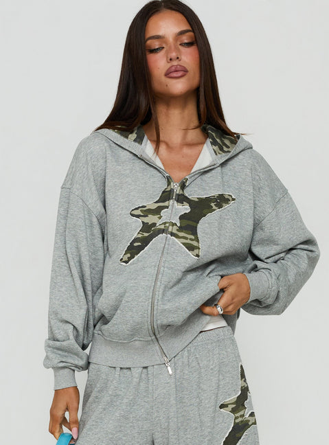 Crafted with the Chelzie Zip Through Graphic Hoodie Grey Marle / Camo in womens jumpers featuring oversized fit, hood details, camo print, and short length detail Princess Polly
