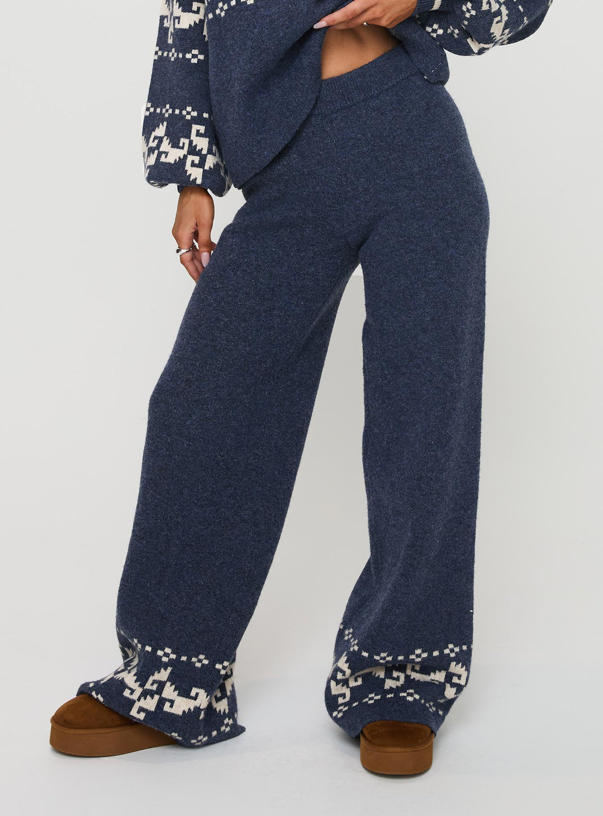 back view of model wearing Princess Polly Alpine Knit Pants Navy / Cream High Rise Pants Pants 