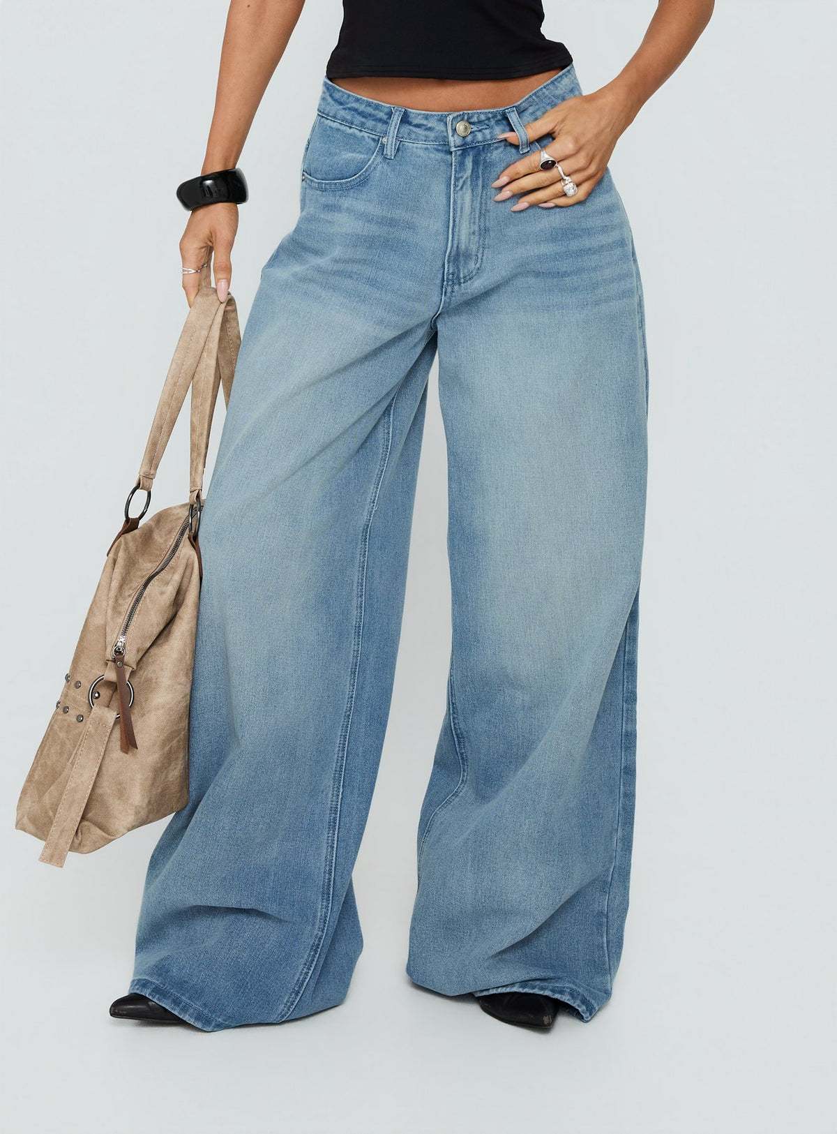Featuring Naylor Mid Rise Wide Leg Jeans Light Wash Denim Tall womens-jeans with mid-rise detail Princess Polly