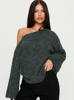 Featuring the Delyn Off Shoulder Slouchy Knit Sweater in Black Marle, a womens jumper with short length detail view of model wearing Princess Polly