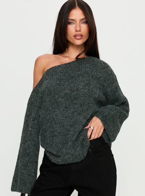 Featuring the Delyn Off Shoulder Slouchy Knit Sweater in Black Marle, a womens jumper with short length detail view of model wearing Princess Polly