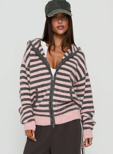 Showcasing the Aubry Oversized True Knit Hoodie Pink Stripe womens-jumpers in short length front view of model wearing Princess Polly