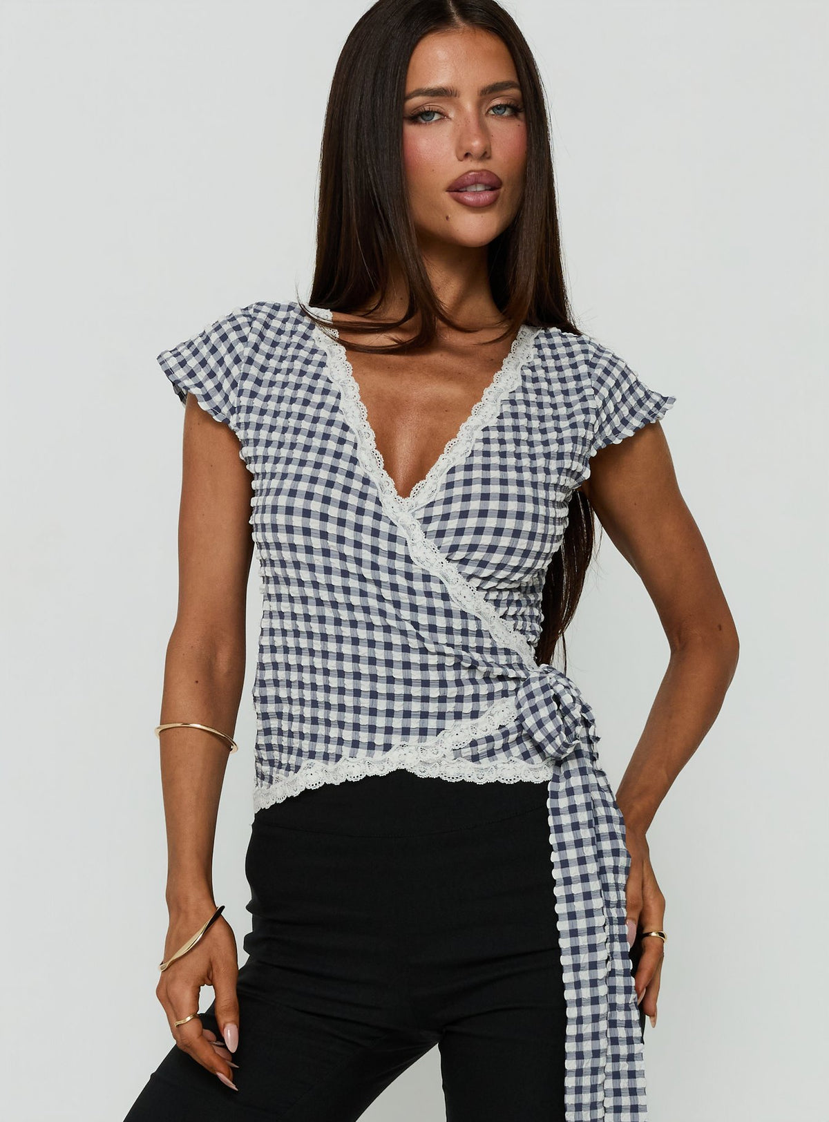 Meltwater Lace Trim Wrap Detail Top Navy Check