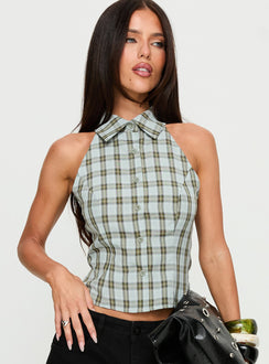 Daleia Sleeveless Collared Top Blue Check