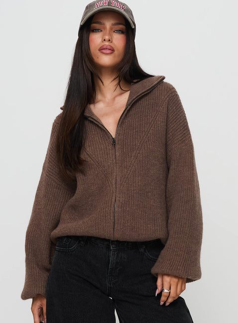 front view of model wearing Princess Polly Hertford Zip Through Knit Sweater Brown Jumpers 