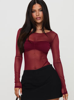 front view of model wearing Princess Polly Duet Bodysuit Burgundy Long Sleeve Tops Bodysuit 