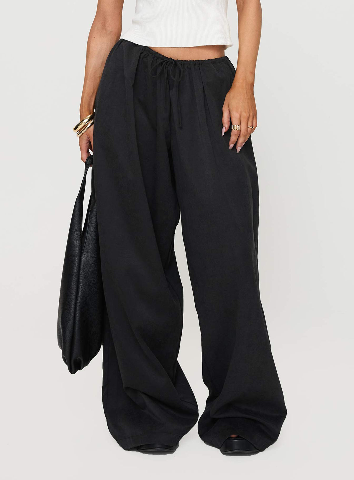 Crafted from Bungala Oversized Relaxed Pants Black Tall wide-leg womens regular pants in mid-rise detail Princess Polly