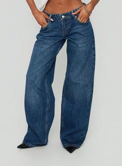 Showcasing Ellanor Low Rise Straight Leg Jeans Vintage Dark Blue in womens-jeans with low-rise waist product Princess Polly