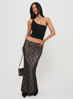   side view of model wearing Princess Polly Lourenzia Lace Maxi Skirt Black / Nude Maxi Skirts Skirts 