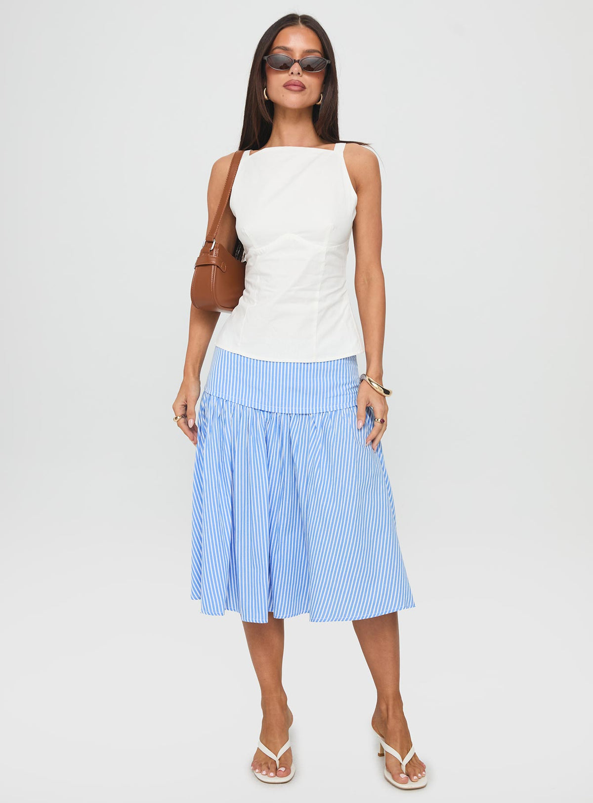   front view of model wearing Princess Polly Raelan Tiered Midi Skirt Blue Stripe Midi Skirts Skirts 