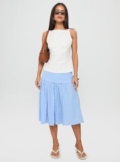   front view of model wearing Princess Polly Raelan Tiered Midi Skirt Blue Stripe Midi Skirts Skirts 