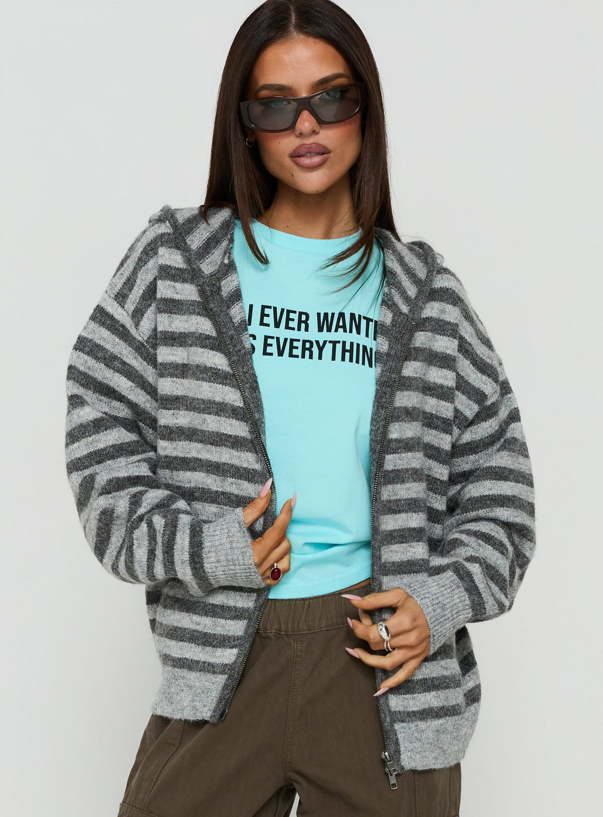 Featuring the Aubry Oversized True Knit Hoodie in Grey Stripe, a short length womens jumper with an oversized fit front view of model wearing Princess Polly