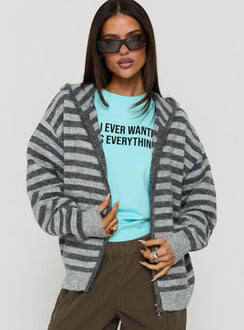 Featuring the Aubry Oversized True Knit Hoodie in Grey Stripe, a short length womens jumper with an oversized fit front view of model wearing Princess Polly