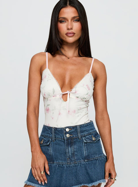 back view of model wearing Princess Polly Final Fantasy Bodysuit Multi Floral Sleeveless Bodysuit 
