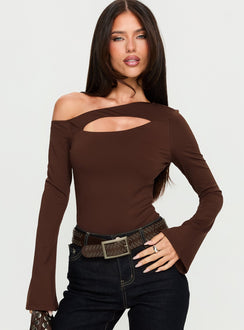 front view of model wearing Princess Polly Raissa Cut Out One Shoulder Bodysuit Brown Long Sleeve Tops Bodysuit 