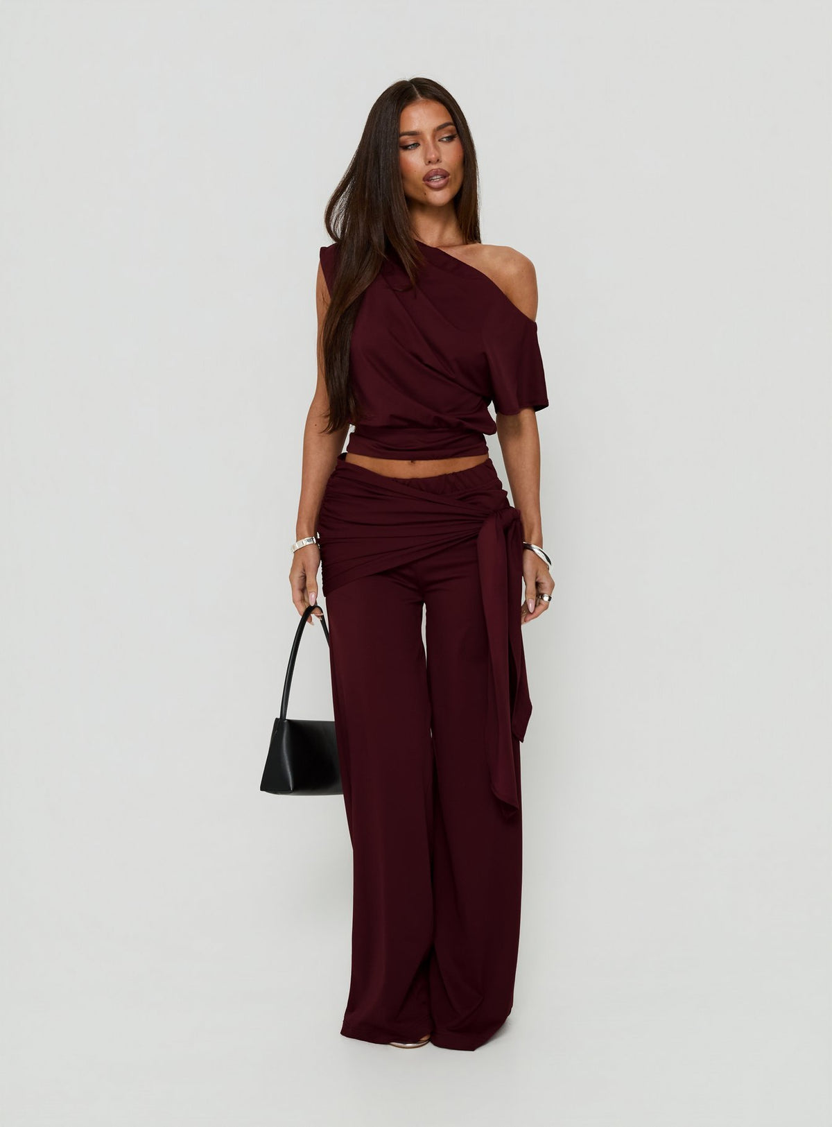 Designed with Hadlia Tie Waist Pants Burgundy Petite womens-regular-pants featuring high-rise detail view of model wearing