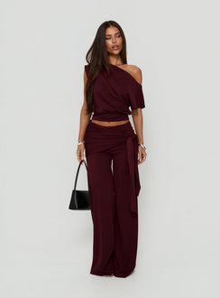 Designed with Hadlia Tie Waist Pants Burgundy Petite womens-regular-pants featuring high-rise detail view of model wearing