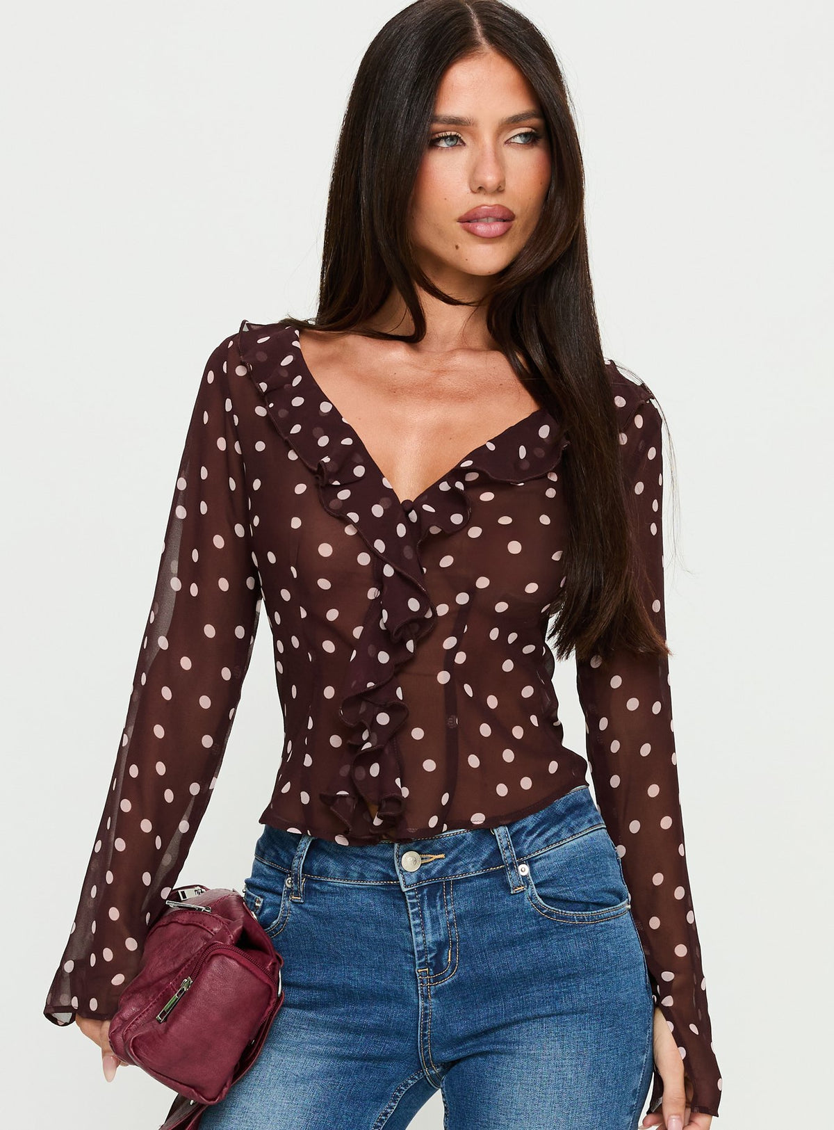 Corazon Sheer Frill Long Sleeve Top Burgundy Polka