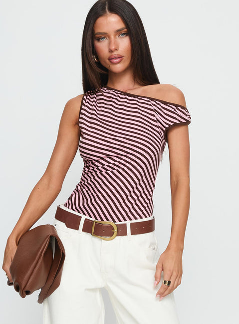 front view of model wearing Princess Polly Ayviana One Shoulder Bodysuit Pink / Brown Stripe Sleeveless Bodysuit 