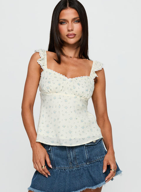 front view of model wearing Princess Polly Madaleine Top Floral Sleeveless Sweetheart 