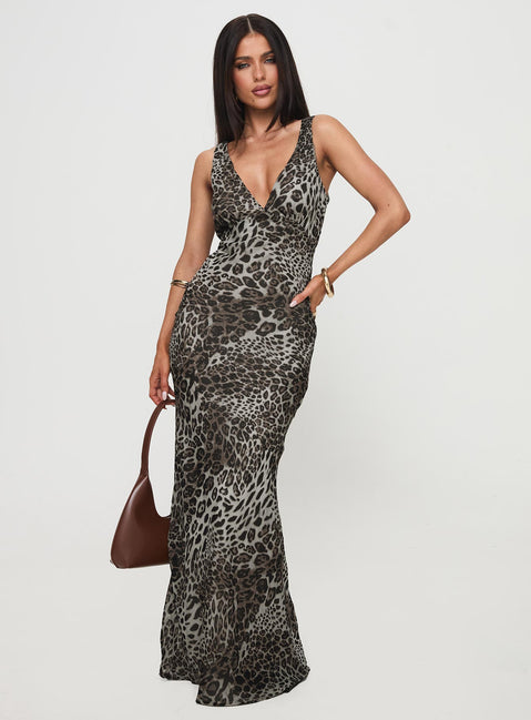 side view of model wearing Princess Polly Nellie Maxi Dress Leopard High Neck 