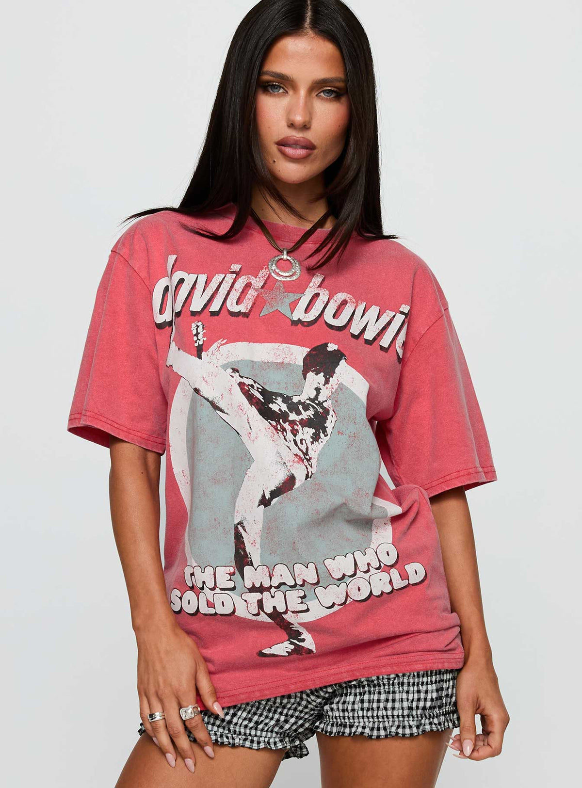front view of model wearing Princess Polly David Bowie Vintage Oversized Graphic Tee Red Half Sleeves Crew Neck 