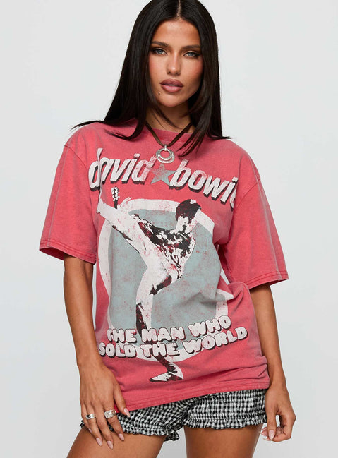 front view of model wearing Princess Polly David Bowie Vintage Oversized Graphic Tee Red Half Sleeves Crew Neck 