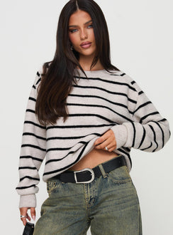 front view of model wearing Princess Polly Souvenirs Knit Sweater Grey Stripe Jumpers 