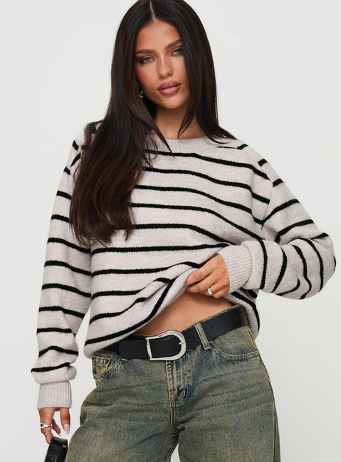 front view of model wearing Princess Polly Souvenirs Knit Sweater Grey Stripe Jumpers 