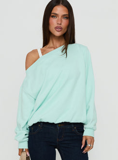 Featuring the Wellness Off The Shoulder Sweatshirt in pale turquoise womens-jumpers with oversized fit, boat neckline and short length detail view of model wearing