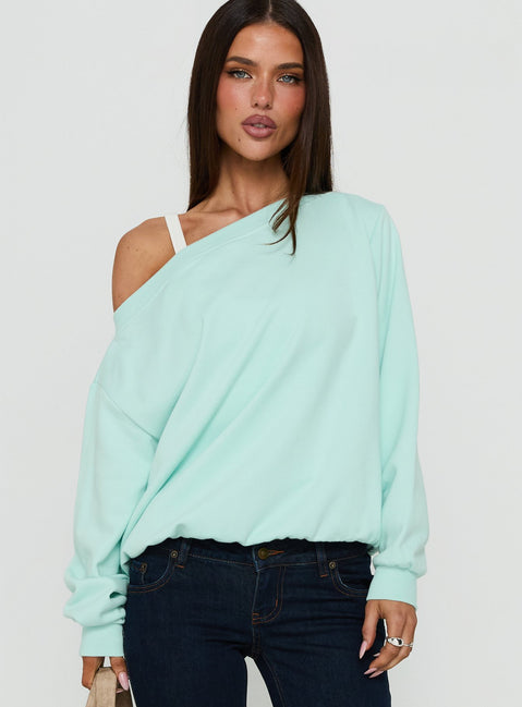 Featuring the Wellness Off The Shoulder Sweatshirt in pale turquoise womens-jumpers with oversized fit, boat neckline and short length detail view of model wearing