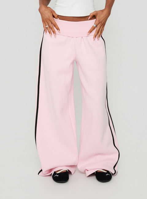 Lockie Foldover Baggy Track Pants Pink / Black womens regular pants with high-rise waist detail Princess Polly