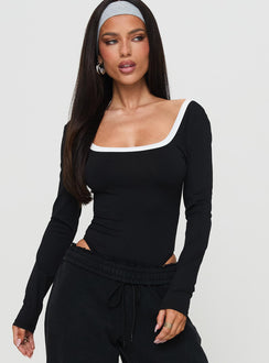 front view of model wearing Princess Polly Ender Contrast Trim Bodysuit Black Long Sleeve Tops Bodysuit 