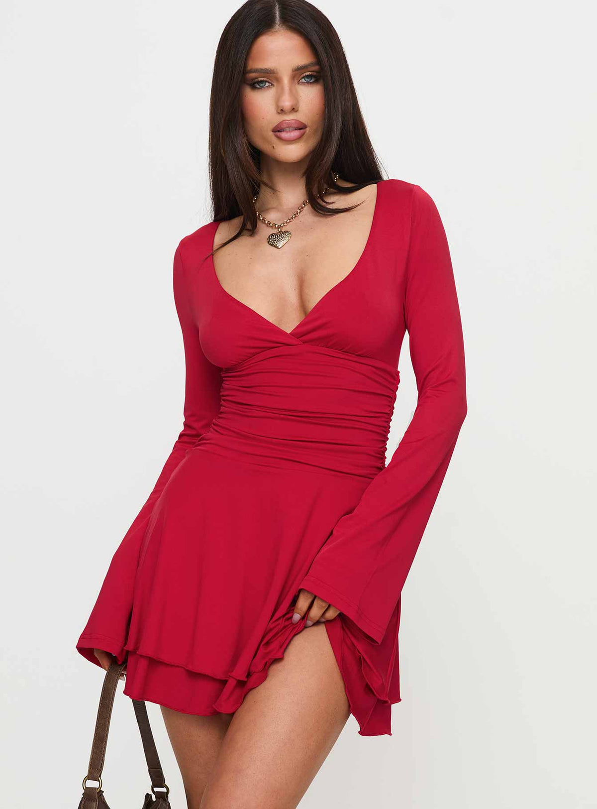 front view of model wearing Princess Polly Canino Long Sleeve Mini Dress Red Plunger 