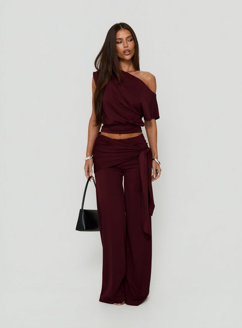 Discover the Hadlia Tie Waist Pants Burgundy Tall womens-regular-pants featuring high-rise front view of model wearing
