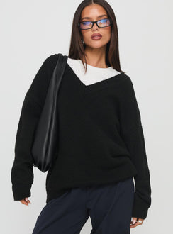 front view of model wearing Princess Polly Stay The Night V Neck Knit Sweater Black Jumpers 