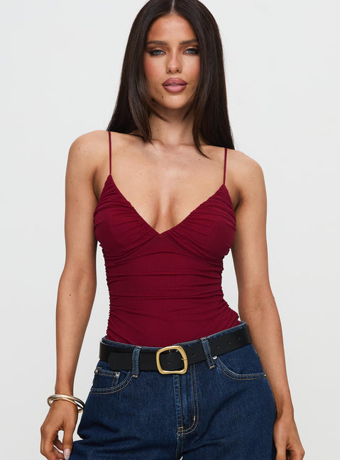 front view of model wearing Princess Polly Merril Bodysuit Maroon Sleeveless Bodysuit 