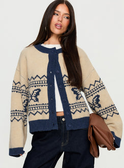 front view of model wearing Princess Polly Wynoni Alpine Knit Cardigan Beige / Navy Longline Jumpers Jumpers 