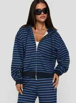 Style shot showcasing the Delaeni Zip Through Hoodie Blue Stripe womens-jumpers in short length front view of model wearing Princess Polly