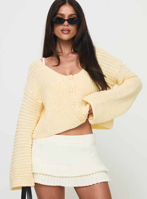 front view of model wearing Princess Polly Artha Cardigan Lemon Cropped Jumpers Jumpers 